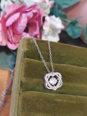 925 Sterling Silver Floating Cubic Zirconia Heart Knot Necklace